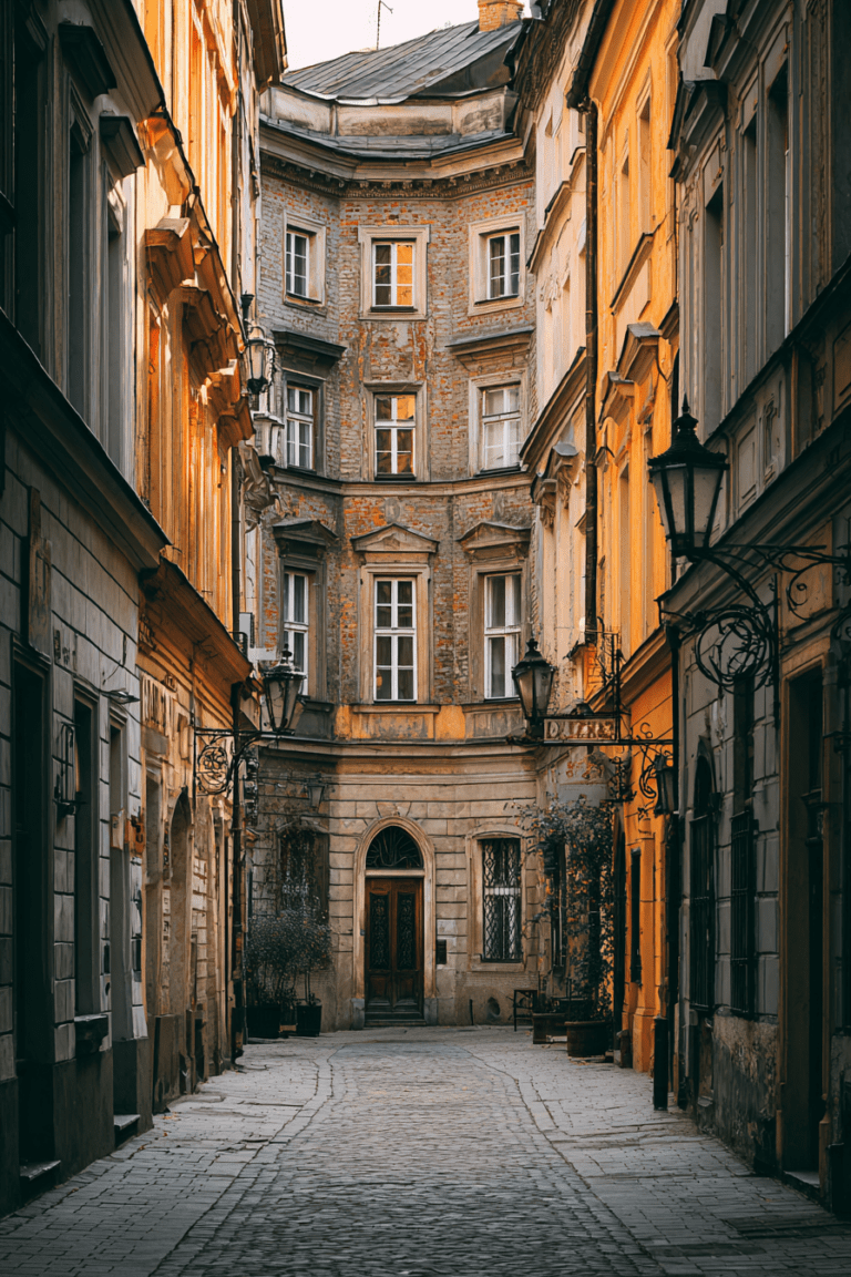 An_old_European_city_narrow_street_with_vintage_style